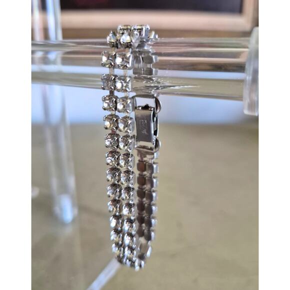 Vintage Rhinestone Silver Tone Double Strand Tennis Bracelet Signed Coro - Picture 3 of 10
